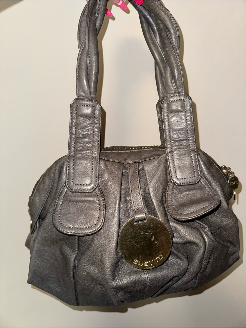 Gustto Gray Leather Shoulder Bag with Gold Accent